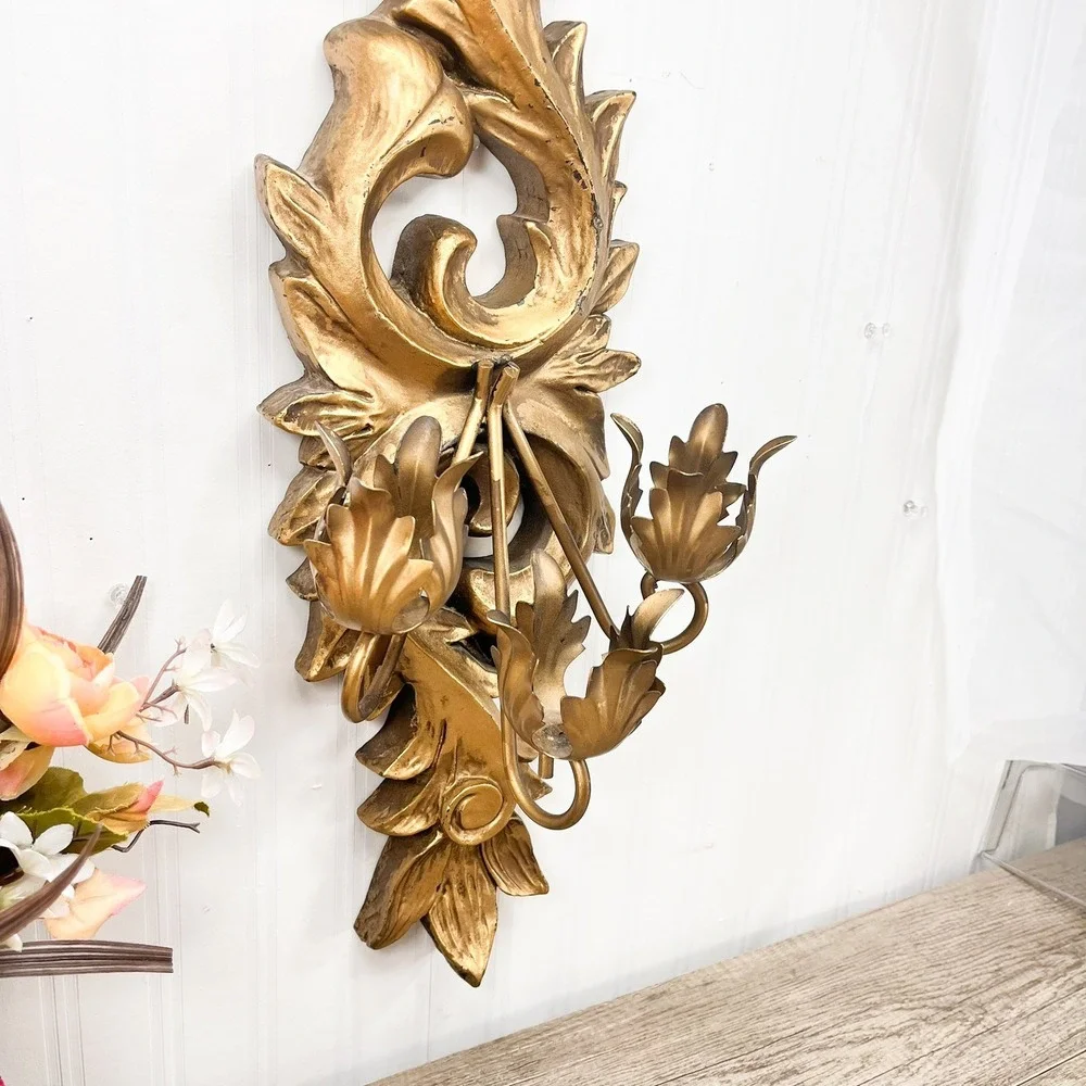 Vintage Gold Italian Wall Sconce: 3‎ Arm Acanthus Leaf Candle Holder